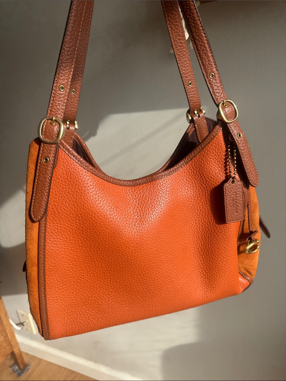 Coach Lori Orange Pebbled Leather Shoulder Bag with Brown Straps